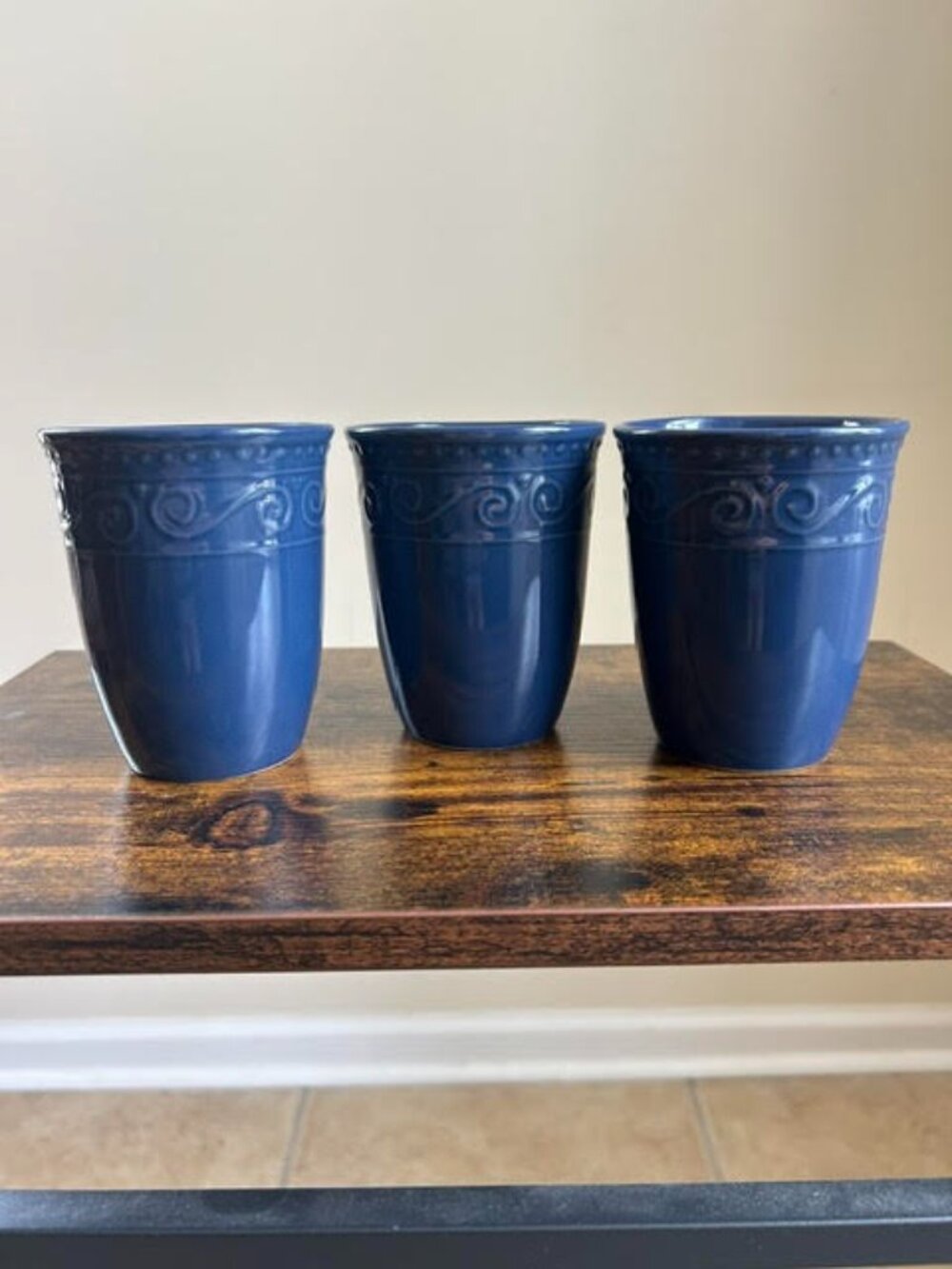 Royal Norfolk Blue Embossed Stoneware Mugs Set of 3